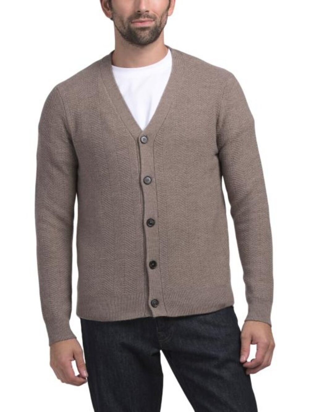 WILT Men's Merino Wool Long Sleeve V-neck Cardigan With Chevron Texture